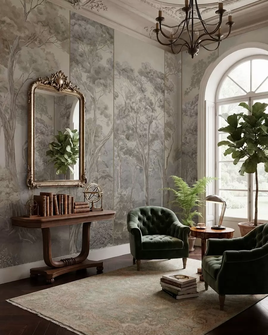wall murals Панорамска шума са високим дрвећем у меким тоновима w05811v2