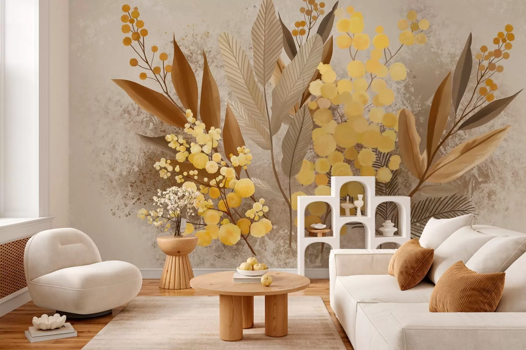 wall murals Осликане гране мимозе и хербаријум у топлим нијансама w05659