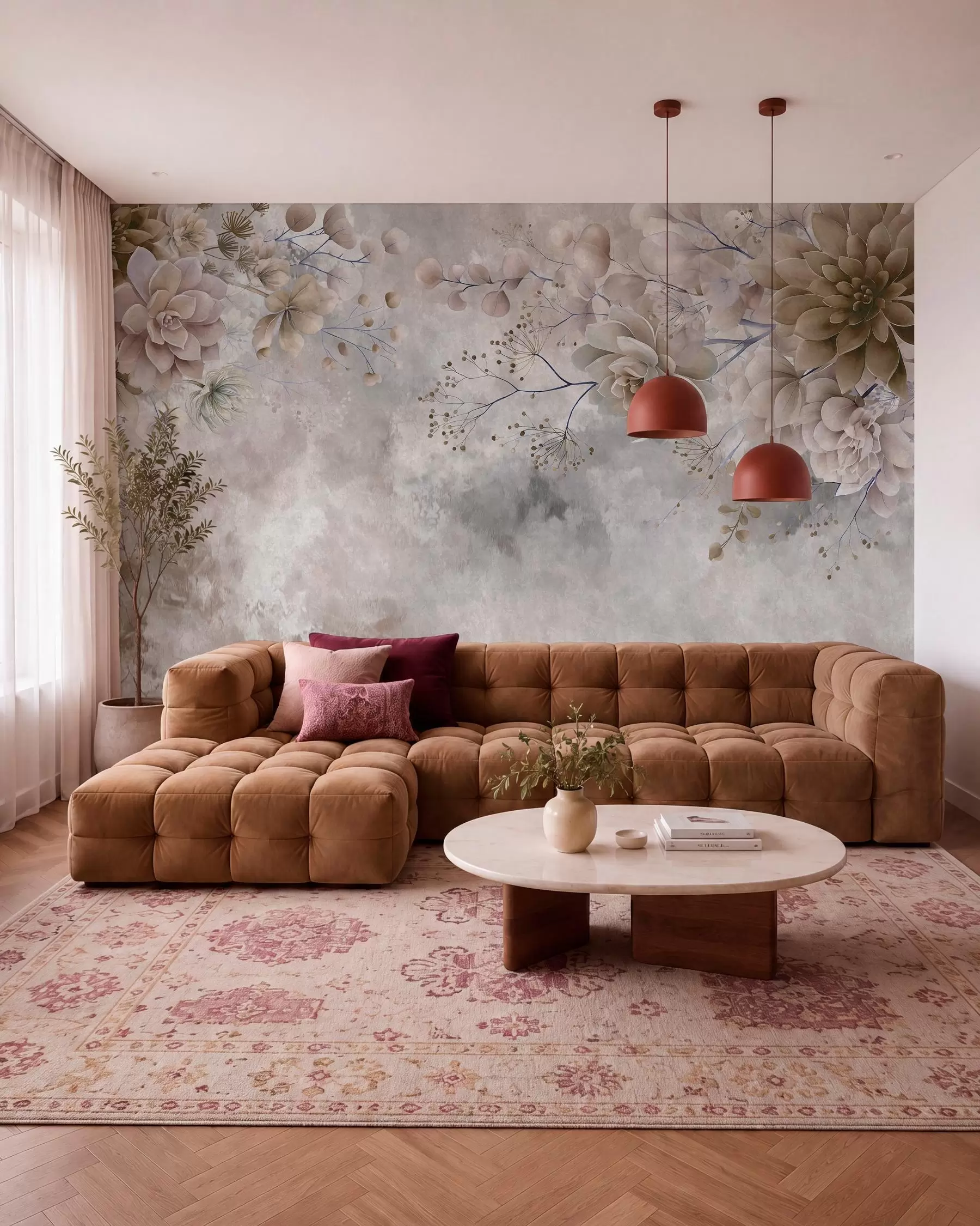 wall murals Фантазијско цвеће у ретро стилу на горњој слици, у нијансама беж и браон боје w05753