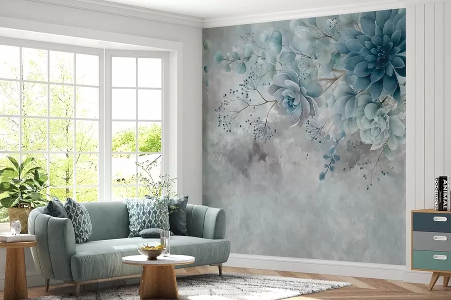 wall murals Поглед одозго надоле на фантазијско цвеће у ретро стилу, у нијансама плаве и тиркизне w05753v1