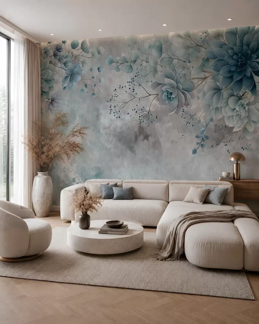 wall murals Поглед одозго надоле на фантазијско цвеће у ретро стилу, у нијансама плаве и тиркизне w05753v1