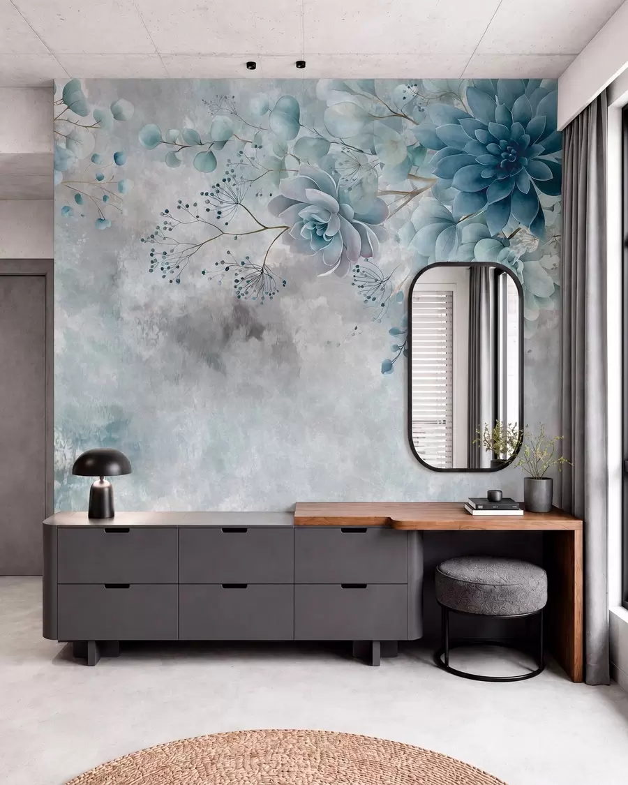 wall murals Поглед одозго надоле на фантазијско цвеће у ретро стилу, у нијансама плаве и тиркизне w05753v1
