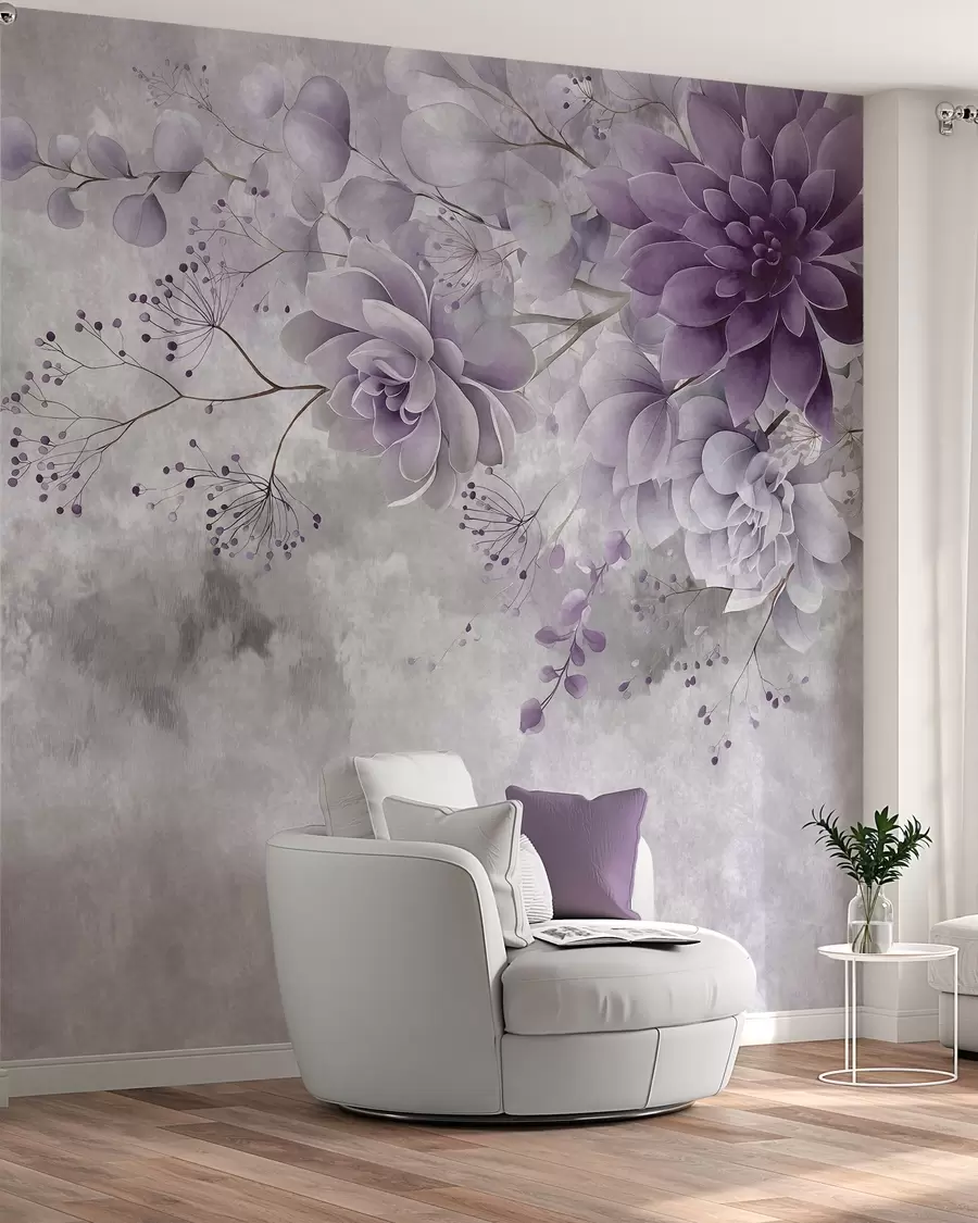 wall murals Поглед одозго надоле на фантазијско цвеће у ретро стилу, у нијансама љубичасте w05753v2