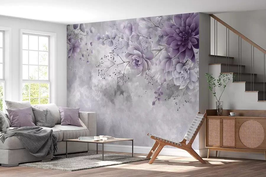 wall murals Поглед одозго надоле на фантазијско цвеће у ретро стилу, у нијансама љубичасте w05753v2