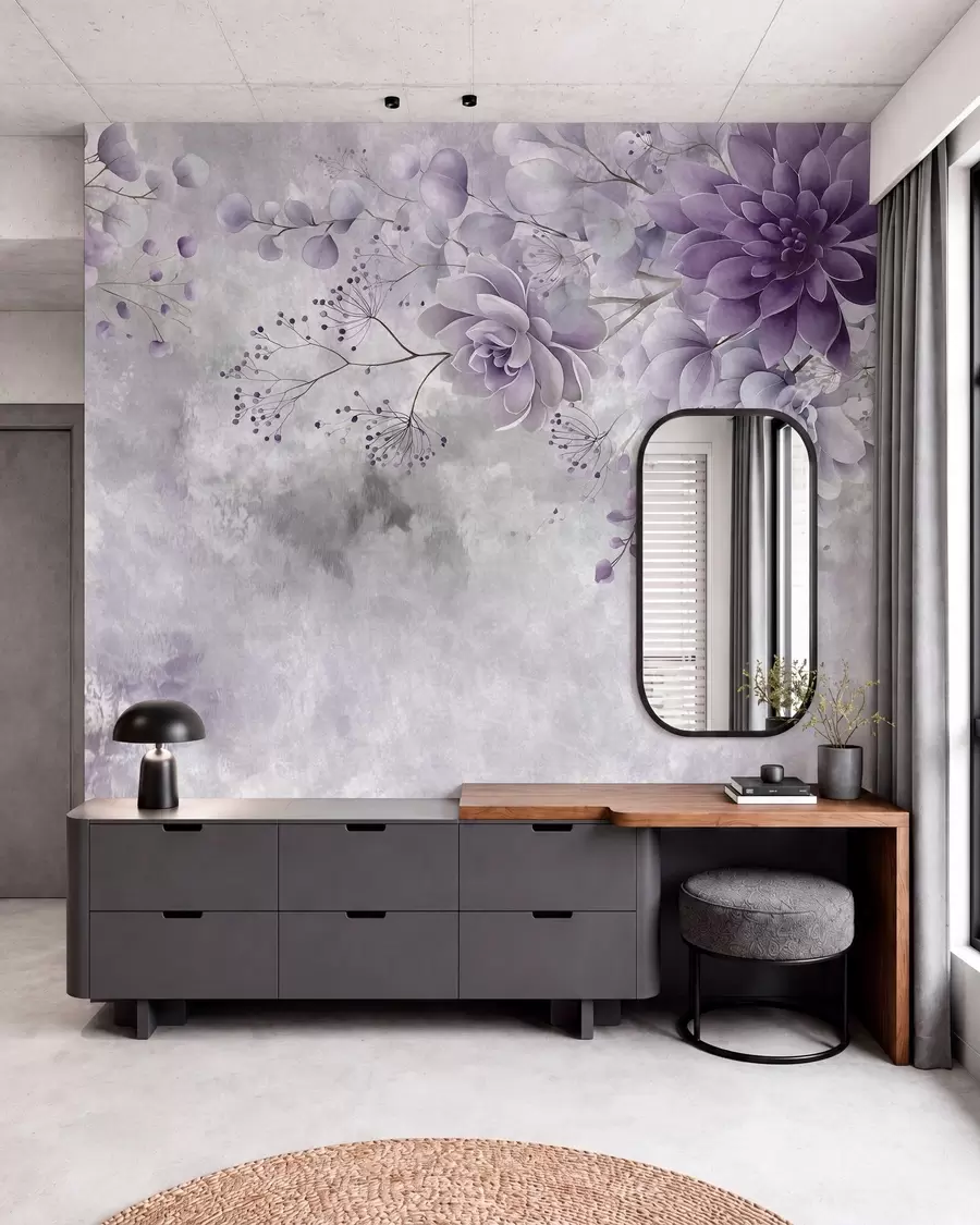 wall murals Поглед одозго надоле на фантазијско цвеће у ретро стилу, у нијансама љубичасте w05753v2