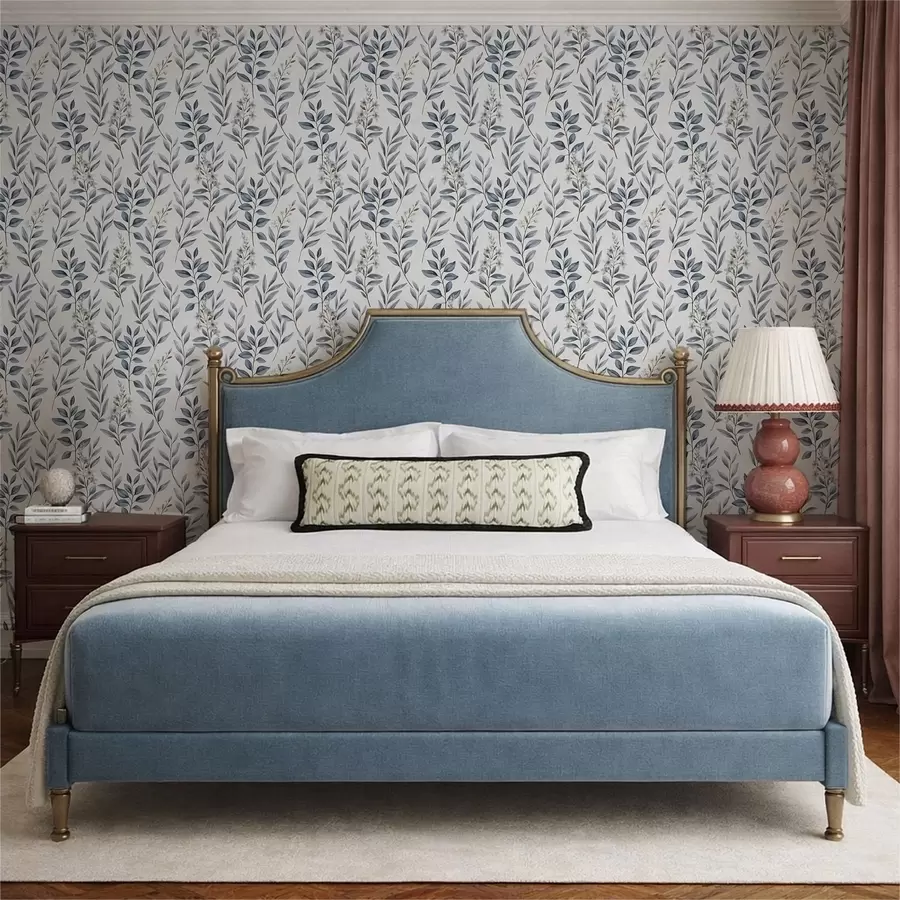 wall murals Плаво лишће и мали цветови на белој позадини a01231