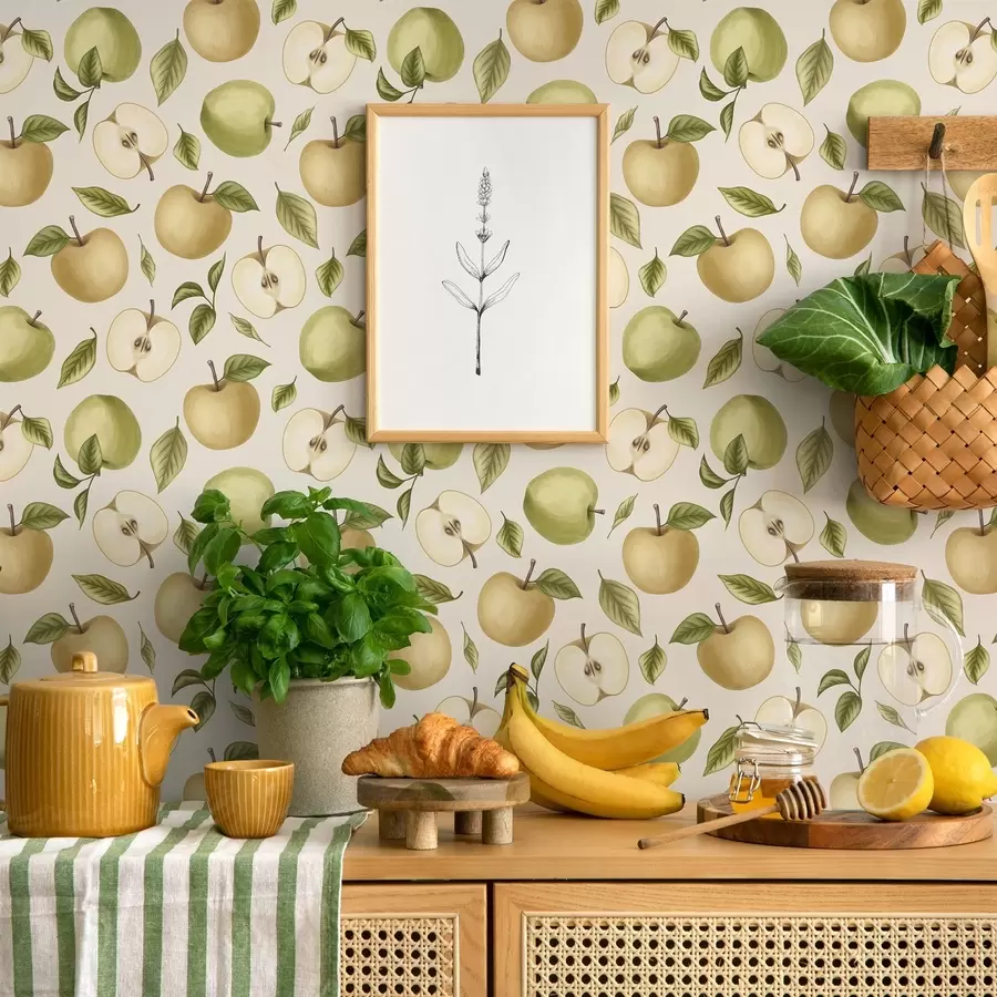 wall murals Зелене јабуке и лишће на светлој позадини a01236