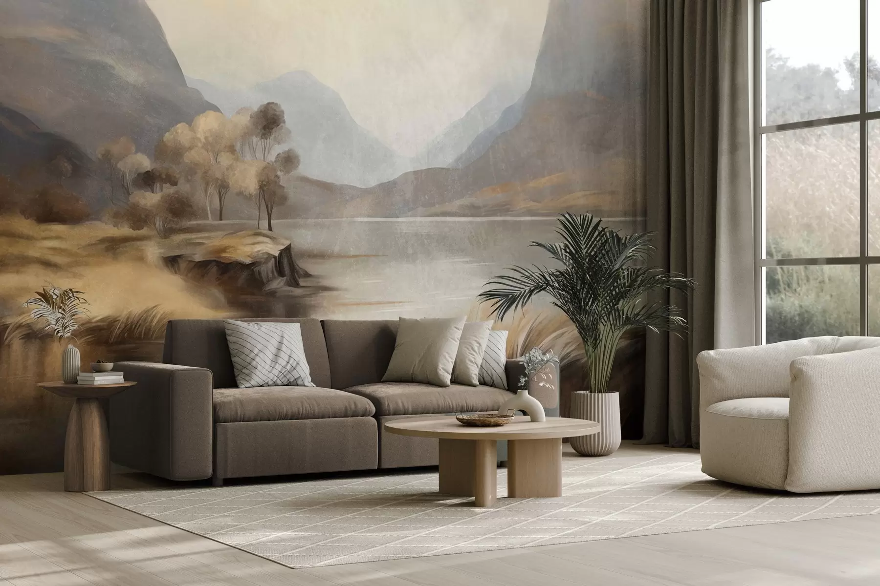 wall murals Текстурирани пригушени пејзаж, језеро са планинама, висока трава w09978