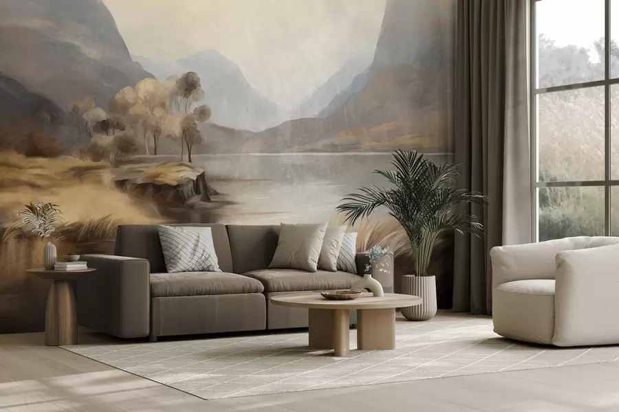 wall murals Текстурирани пригушени пејзаж, језеро са планинама, висока трава w09978