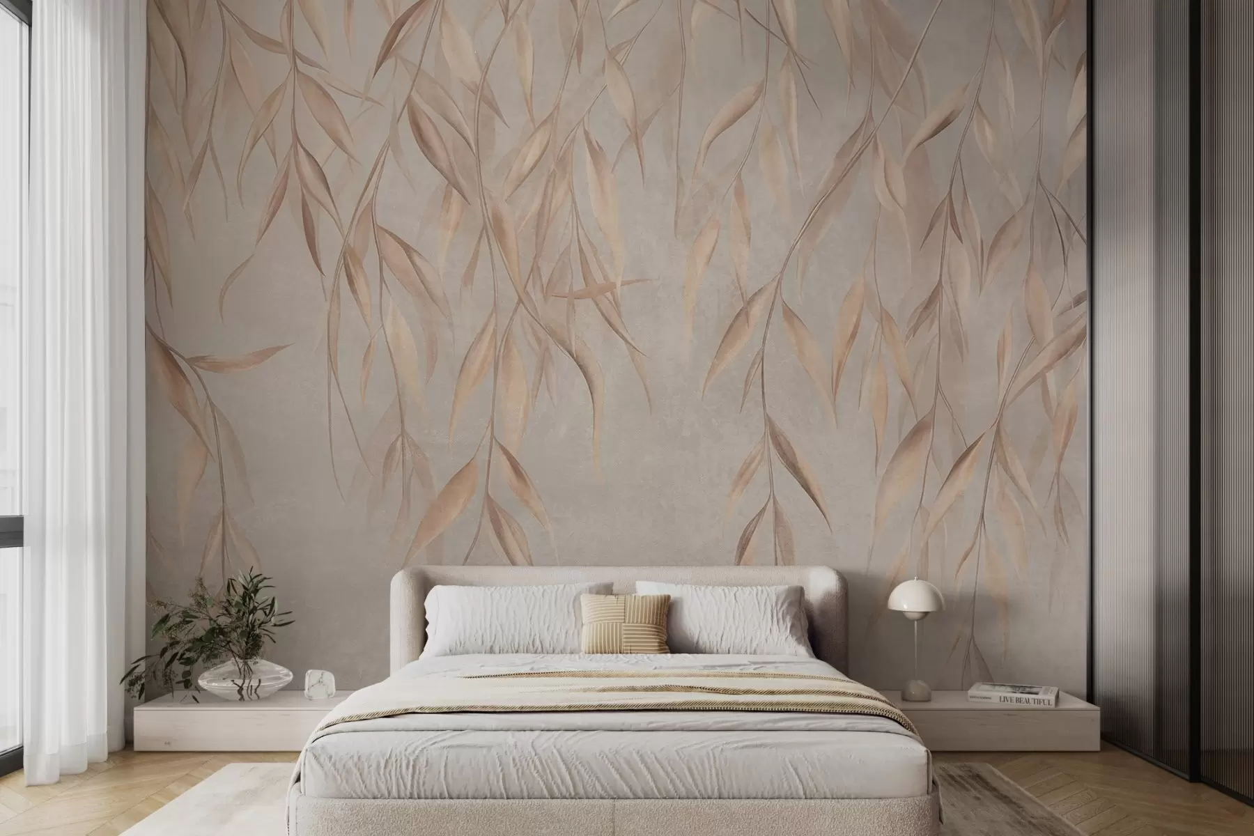 wall murals Нежни, дуги, светло смеђи листови висе са грана на текстурираној позадини w09980