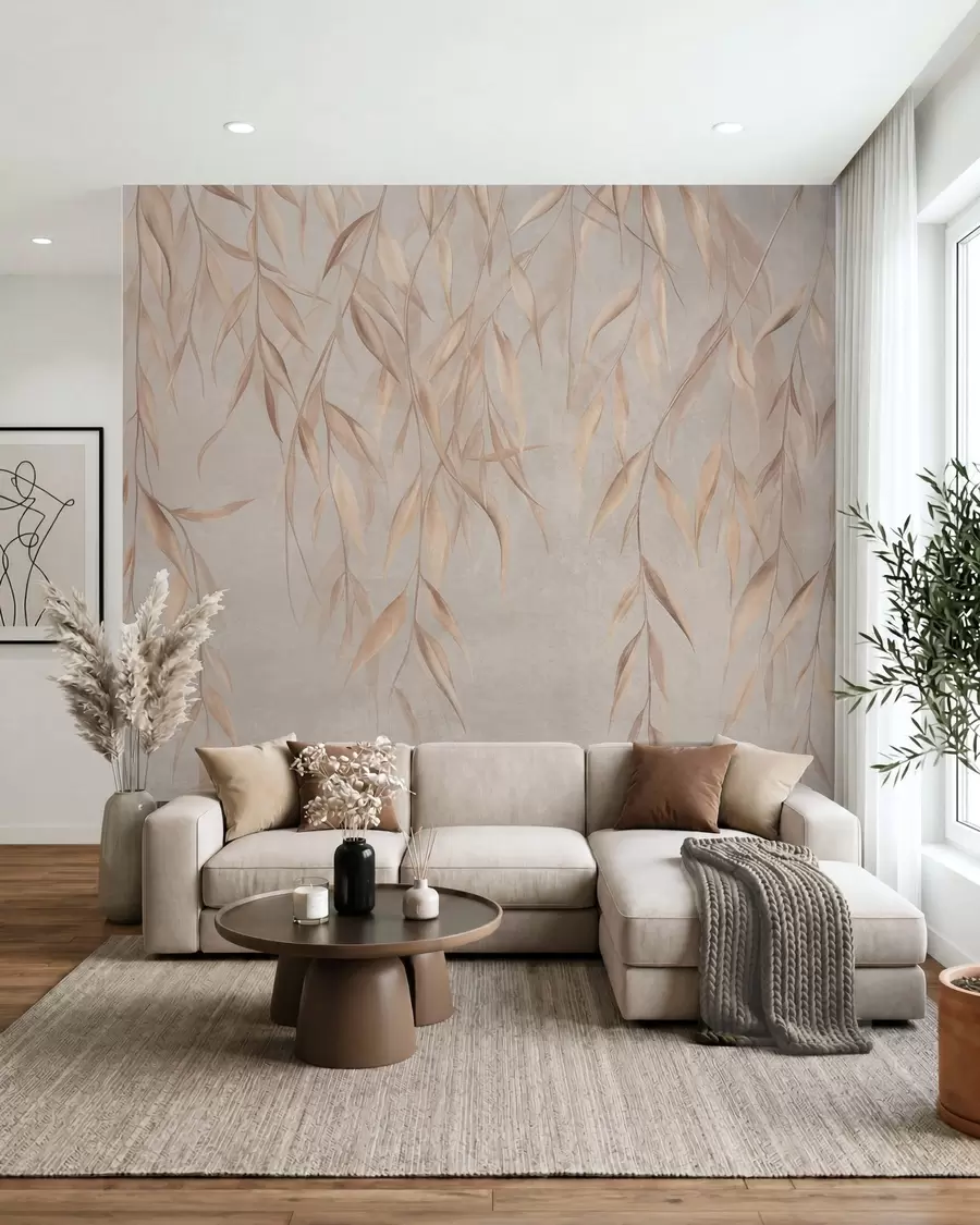 wall murals Нежни, дуги, светло смеђи листови висе са грана на текстурираној позадини w09980