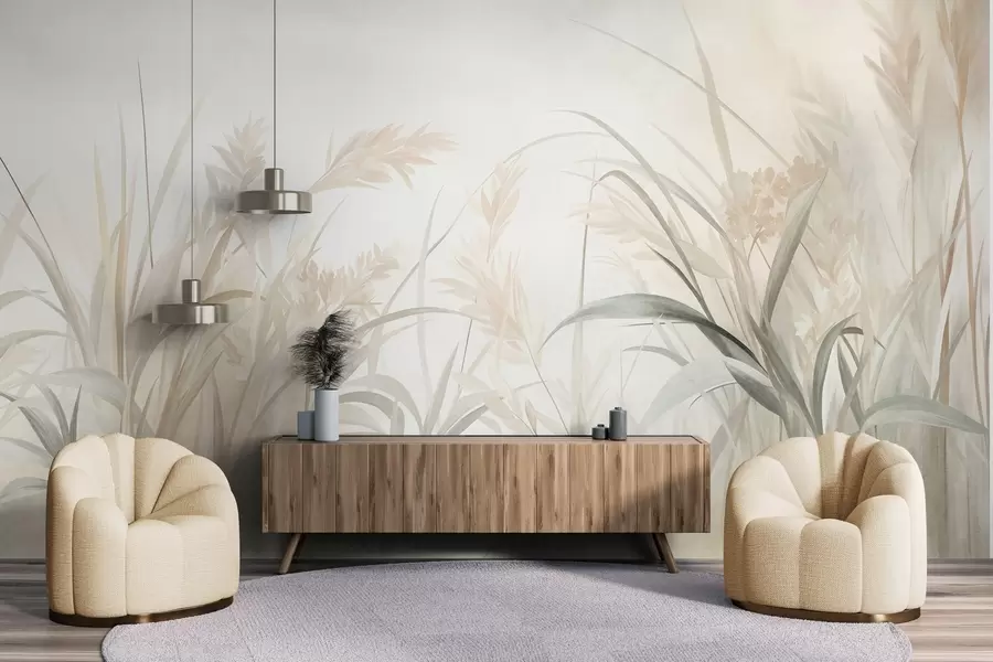 wall murals Висока, танка трава и трска у меким, пригушеним тоновима беж, крем и зелене, текстуриране w09981