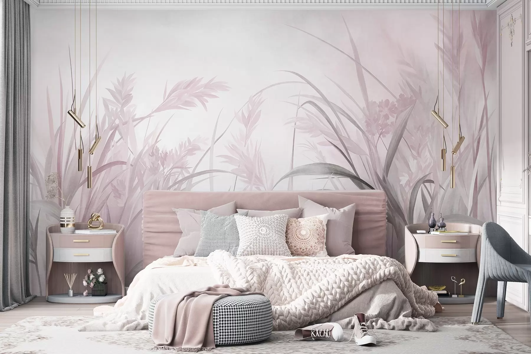 wall murals Висока, танка трава и трска у меким, пригушеним тоновима ружичасте и сиве, текстуриране w09981v1
