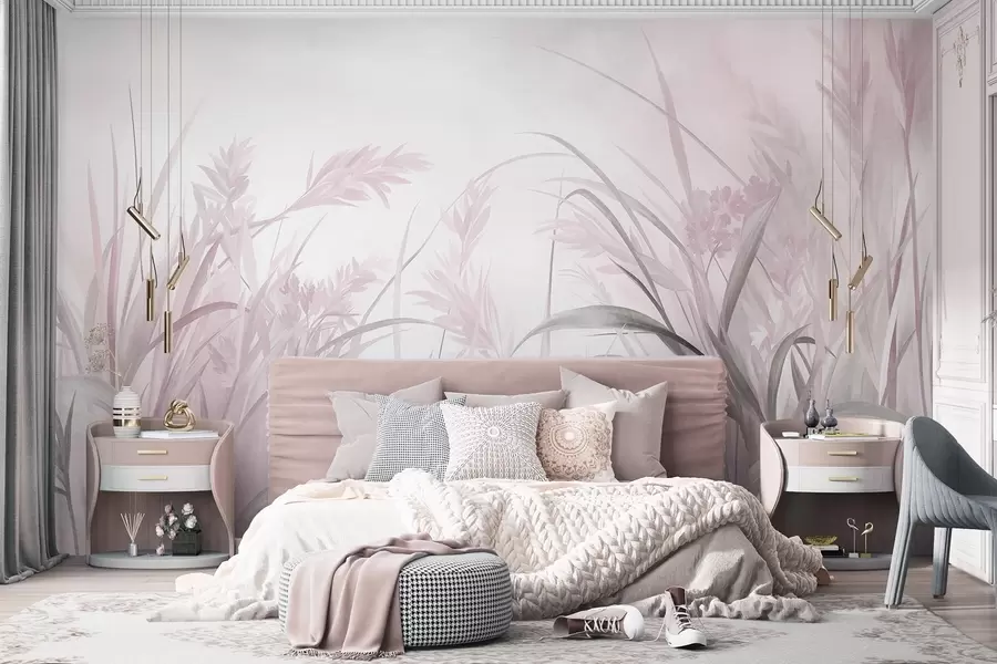 wall murals Висока, танка трава и трска у меким, пригушеним тоновима ружичасте и сиве, текстуриране w09981v1