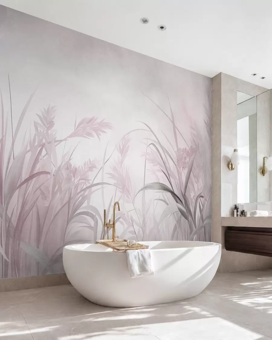 wall murals Висока, танка трава и трска у меким, пригушеним тоновима ружичасте и сиве, текстуриране w09981v1