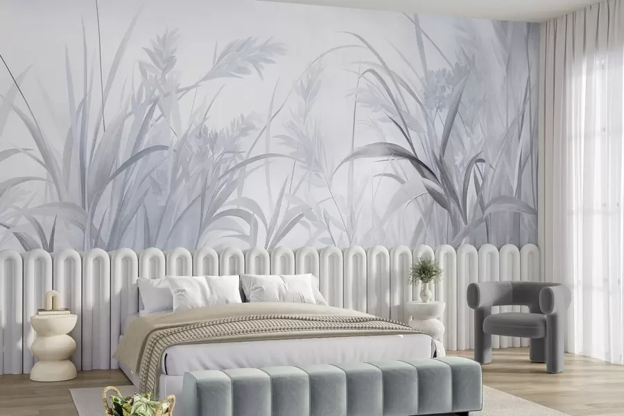 wall murals Висока, танка трава и трска у меким, пригушеним тоновима плаве и сиве, текстуриране w09981v2