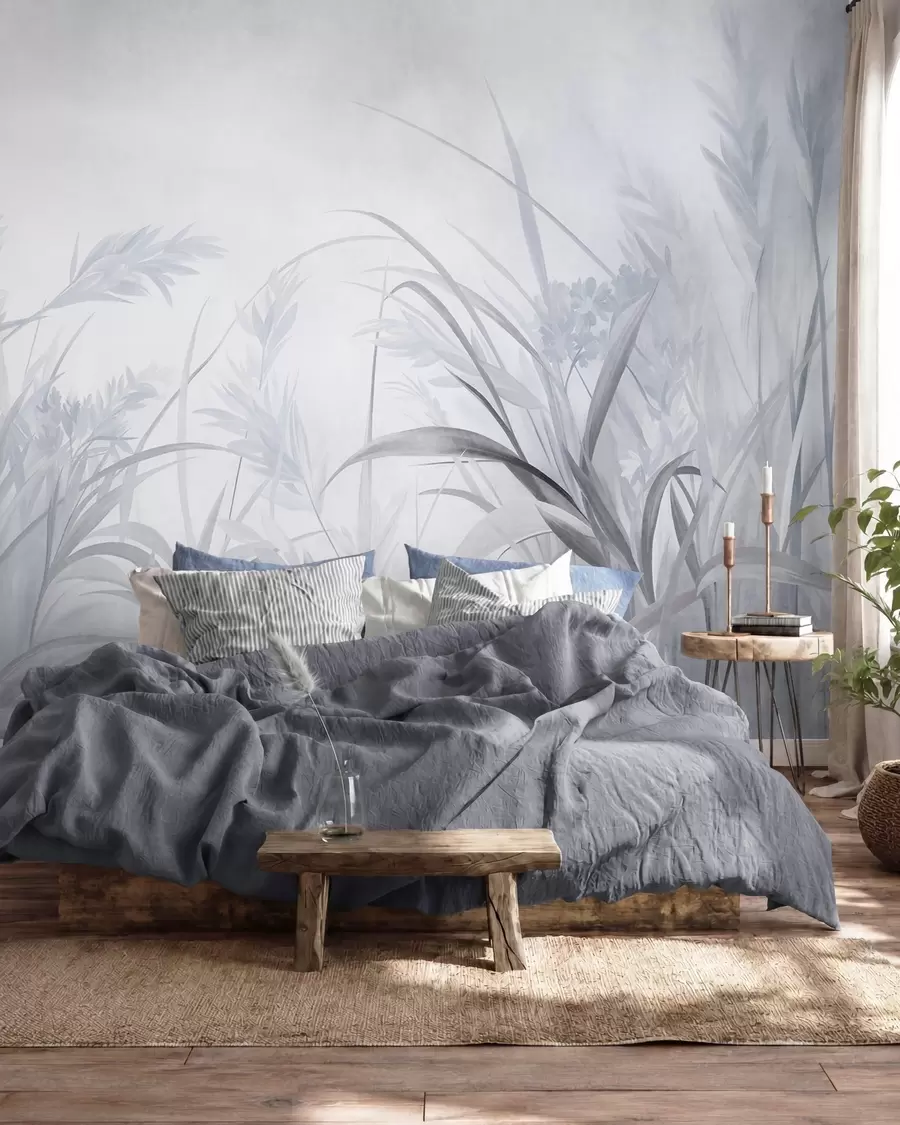 wall murals Висока, танка трава и трска у меким, пригушеним тоновима плаве и сиве, текстуриране w09981v2