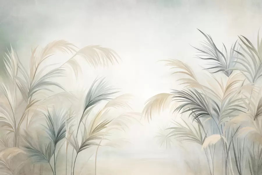 wall murals Високе биљке у пригушеним тоновима беж, зелене и сиве на мекој текстурираној позадини w09984