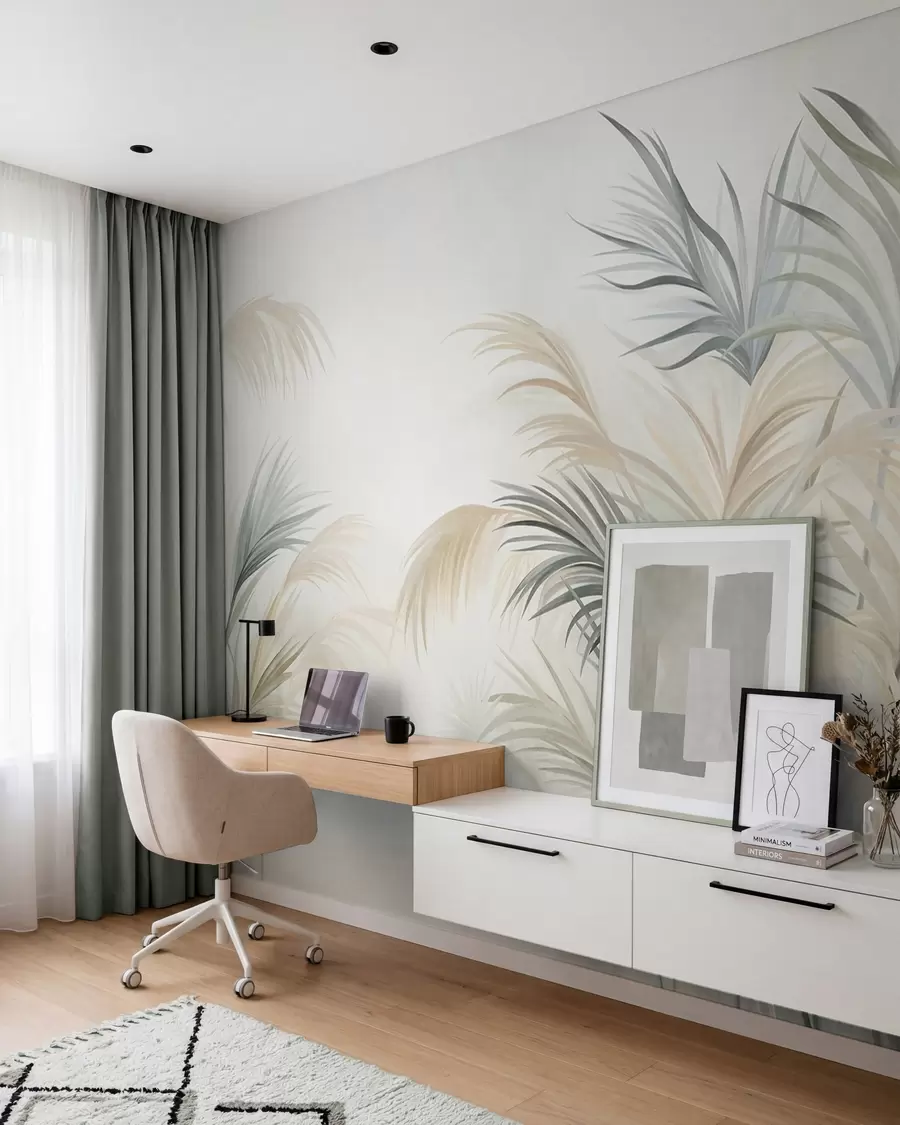 wall murals Високе биљке у пригушеним тоновима беж, зелене и сиве на мекој текстурираној позадини w09984