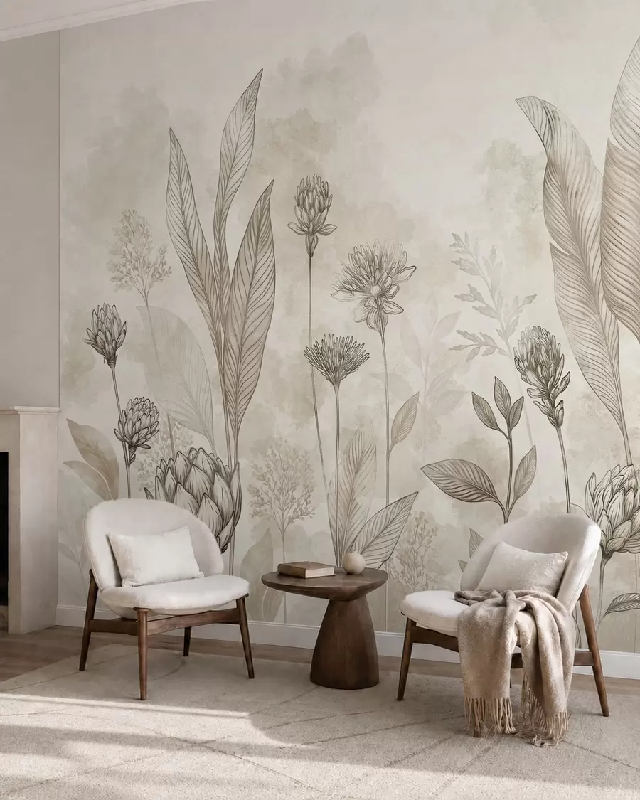wall murals Ботаничка композиција са цвећем и лишћем w05802
