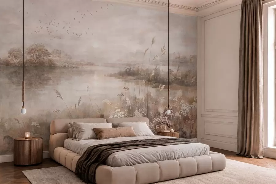 wall murals Магловити пејзаж поред језера са дивљим цвећем w05813