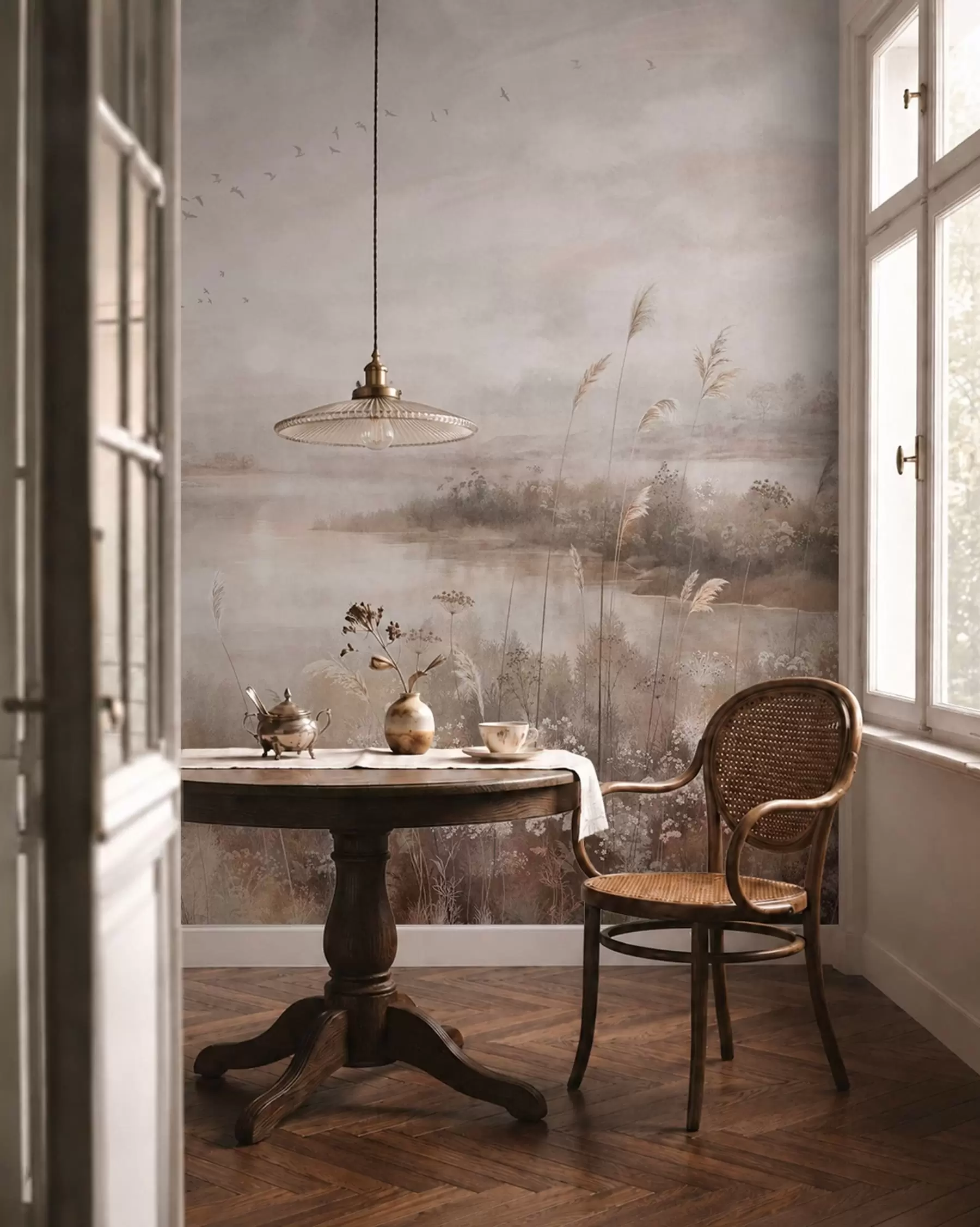 wall murals Магловити пејзаж поред језера са дивљим цвећем w05813