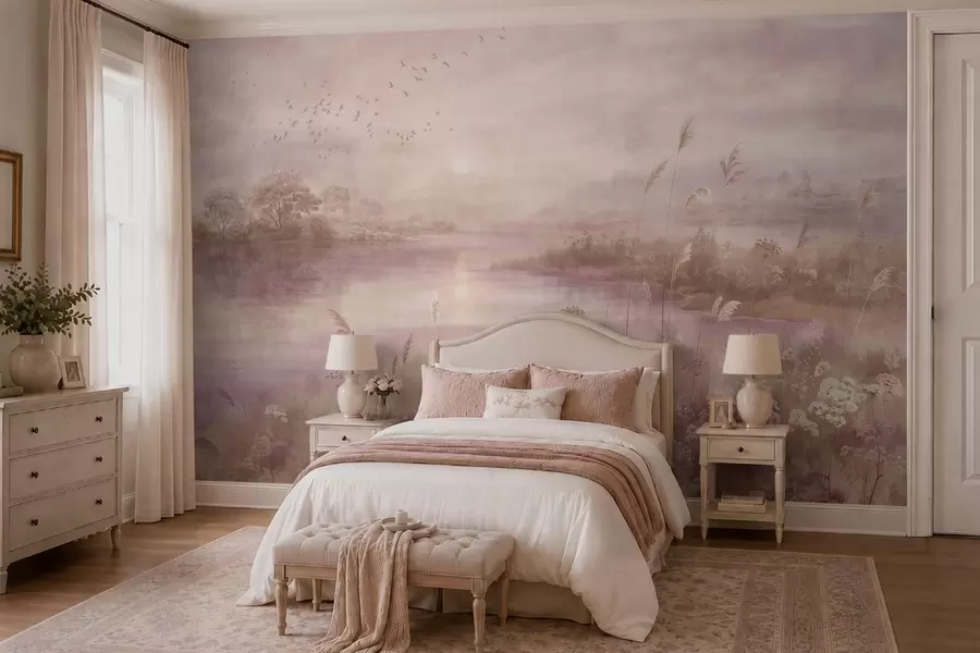 wall murals Ружичасто језеро са дивљим цвећем w05813v1