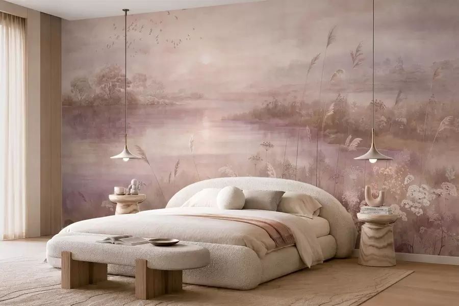 wall murals Ружичасто језеро са дивљим цвећем w05813v1