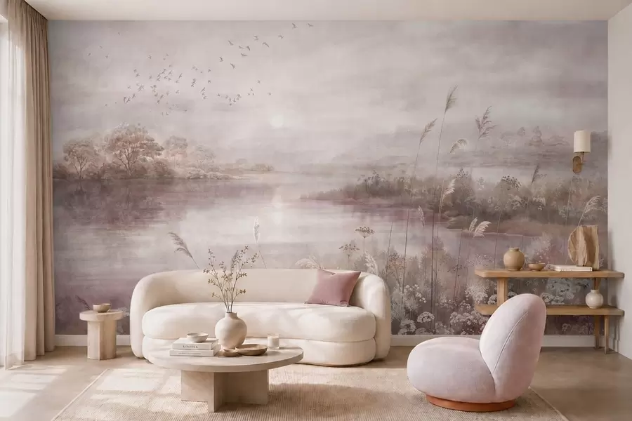 wall murals Мирно језеро у нежним јоргованим тоновима w05813v2