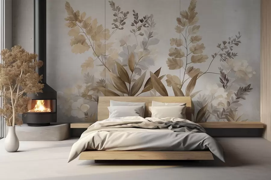 wall murals Текстурирана ботаничка уметност, разне биљке и лишће у нијансама браон и беж w09979