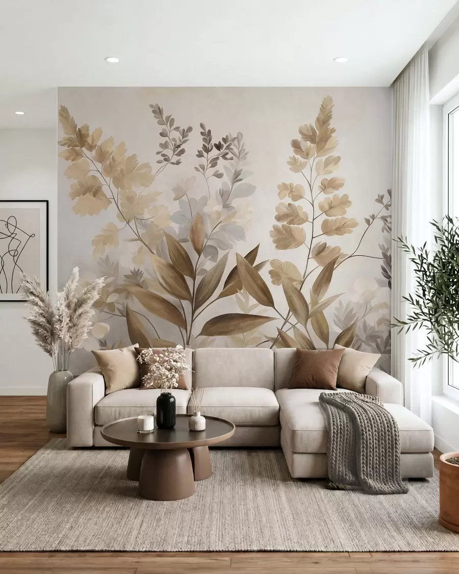 wall murals Текстурирана ботаничка уметност, разне биљке и лишће у нијансама браон и беж w09979