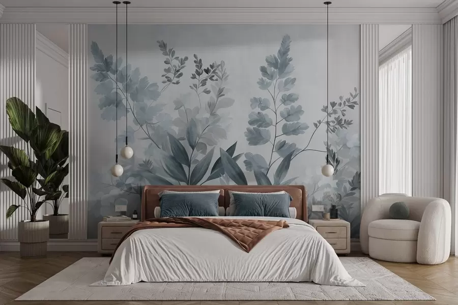 wall murals Текстурирана ботаничка уметност, разне биљке и лишће у нијансама плаве и сиве w09979v1