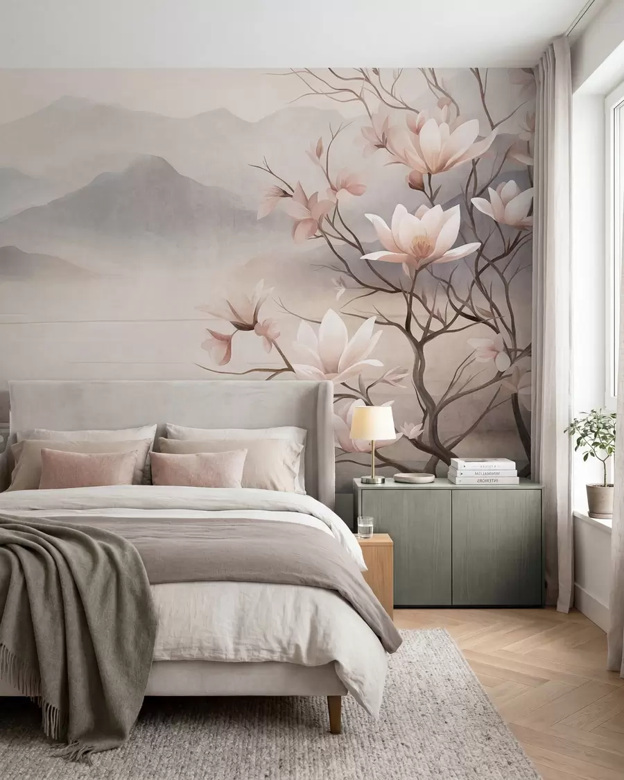 wall murals Планине и цветајуће гране ружичасте магнолије, текстурирани пејзаж w10013