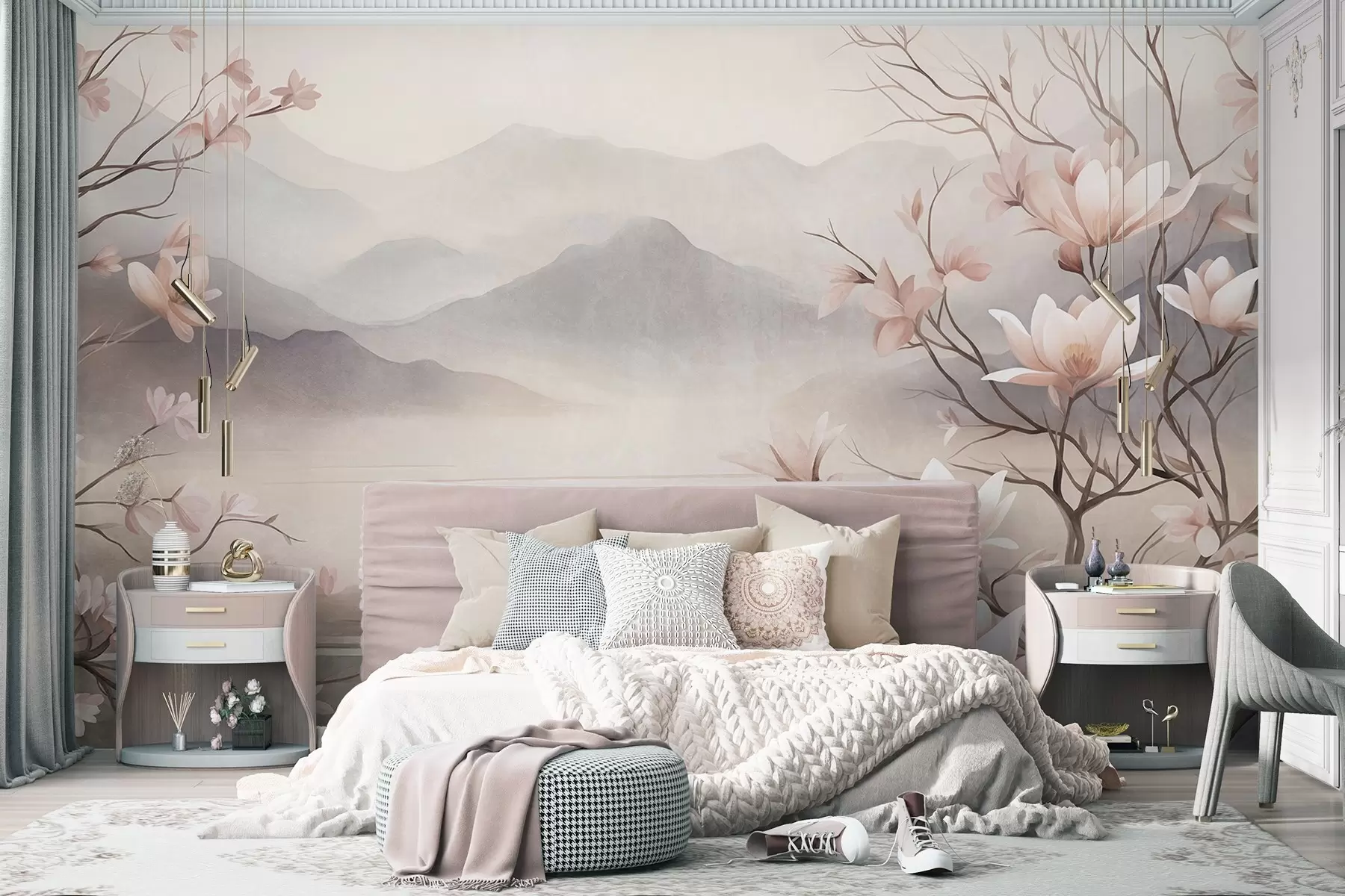wall murals Планине и цветајуће гране ружичасте магнолије, текстурирани пејзаж w10013