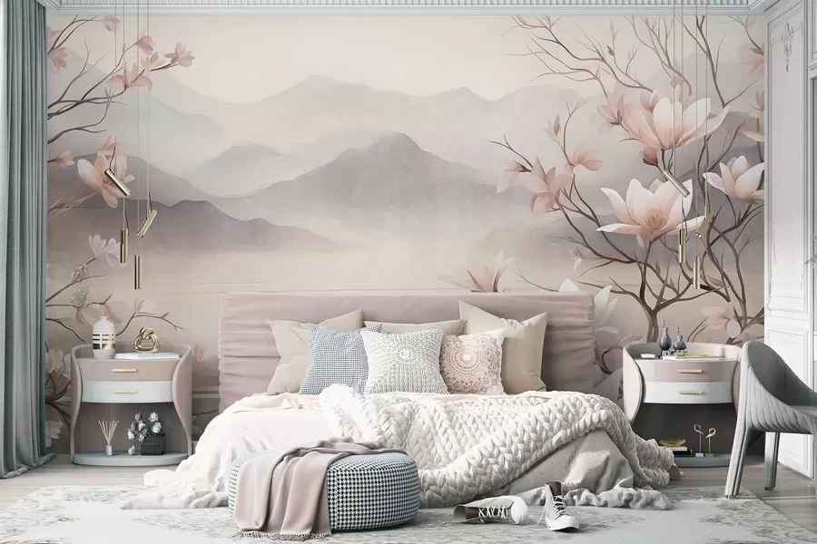 wall murals Планине и цветајуће гране ружичасте магнолије, текстурирани пејзаж w10013