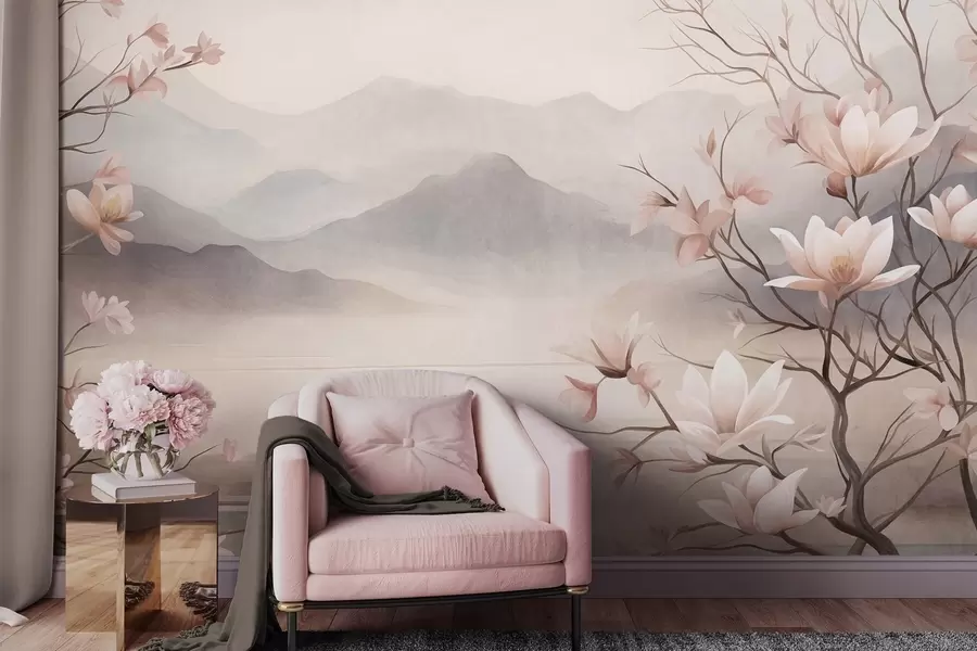 wall murals Планине и цветајуће гране ружичасте магнолије, текстурирани пејзаж w10013