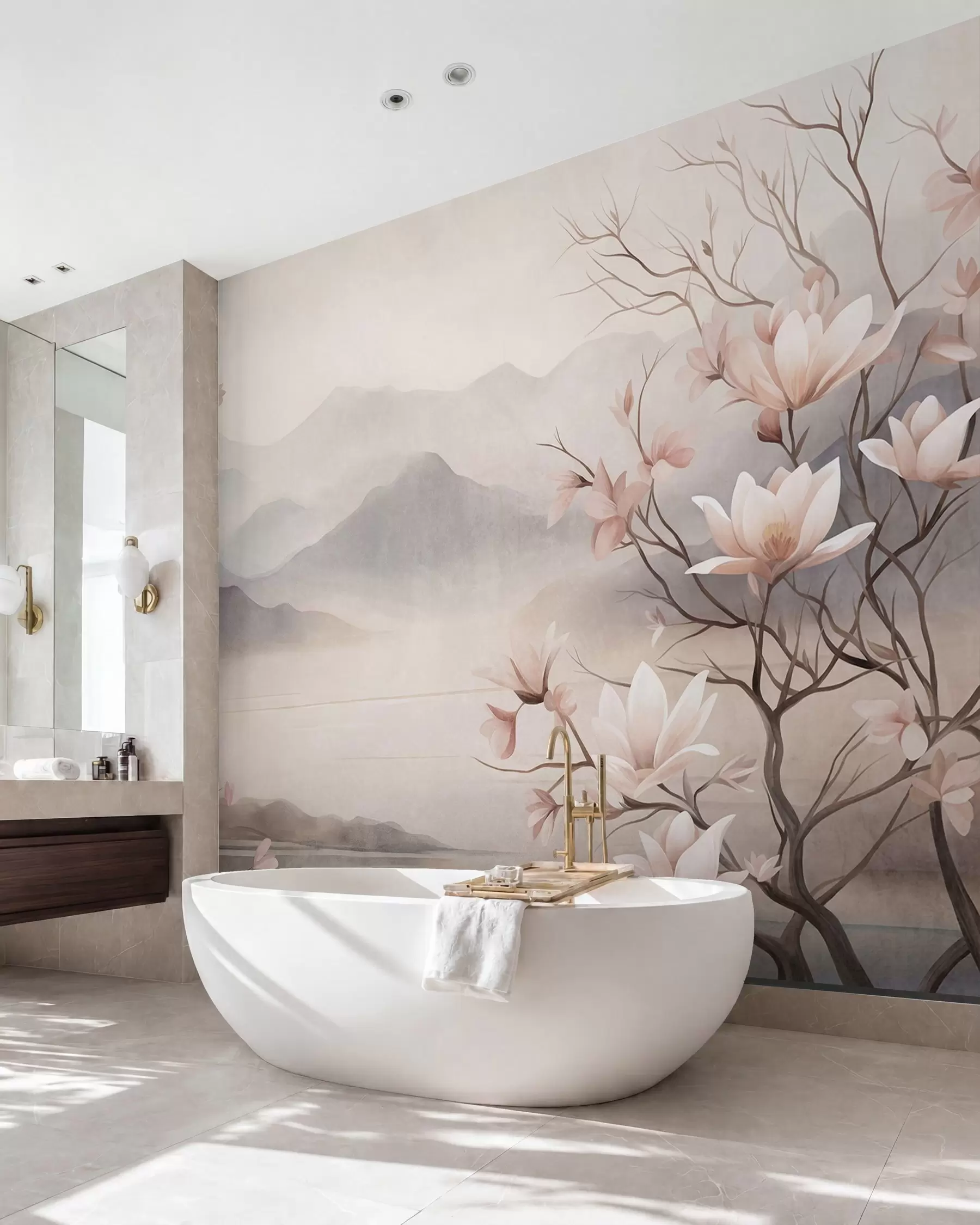 wall murals Планине и цветајуће гране ружичасте магнолије, текстурирани пејзаж w10013