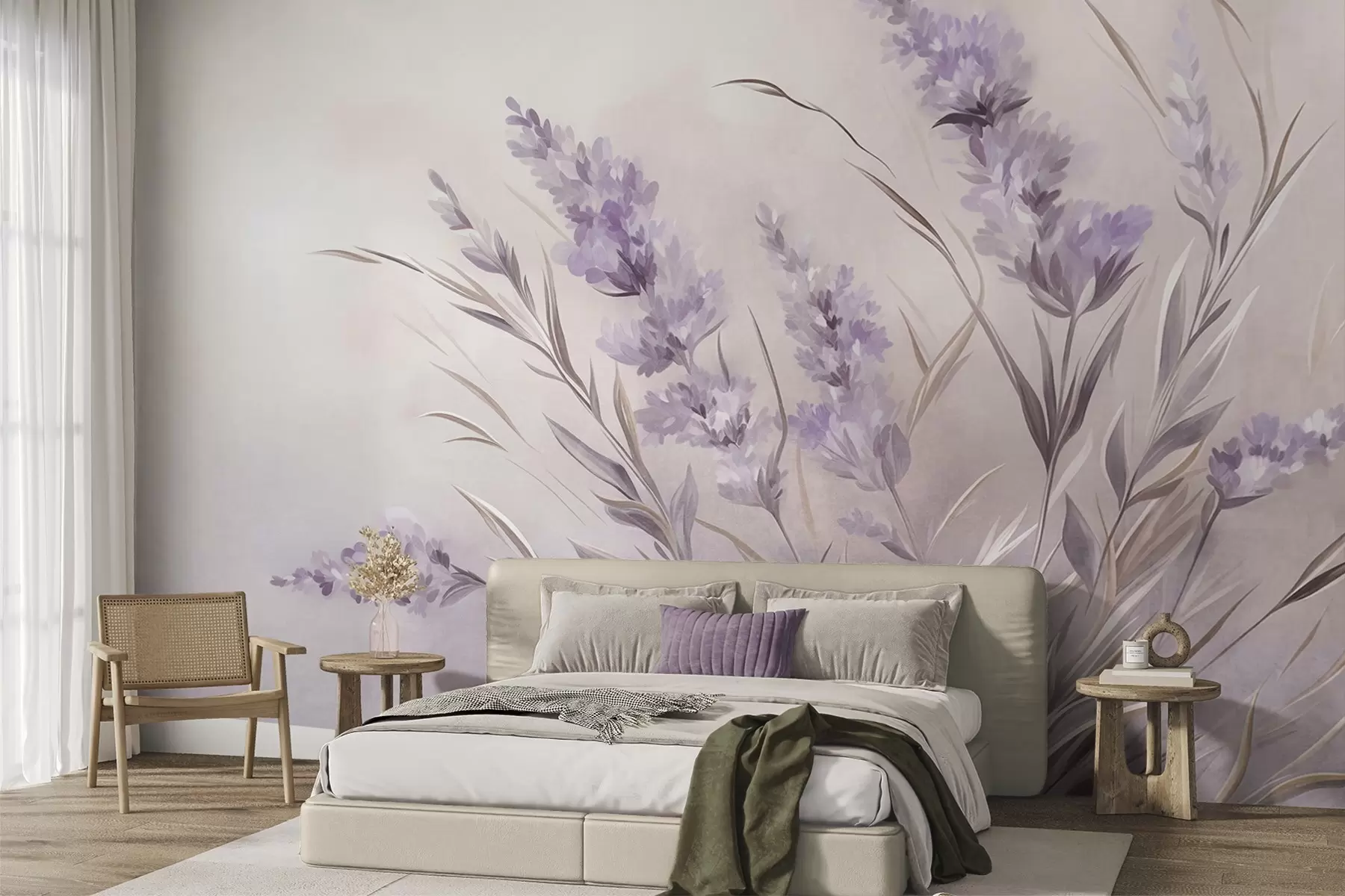 wall murals Цветови лаванде са дугим стабљикама и листовима, мека пастелна текстурирана уметност w10018