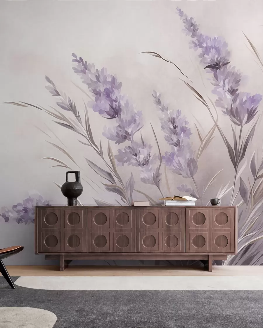 wall murals Цветови лаванде са дугим стабљикама и листовима, мека пастелна текстурирана уметност w10018