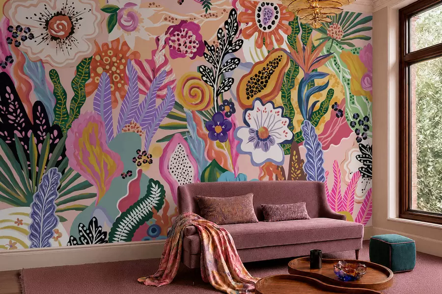 wall murals Живописан тропски мотив са цвећем, лишћем и шареним воћем w05815