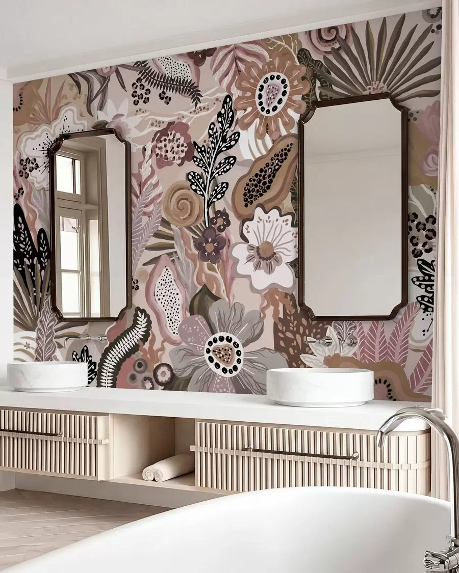 wall murals Пудерасти тропски мотив са цвећем, лишћем и пригушеним меким тоновима w05815v1