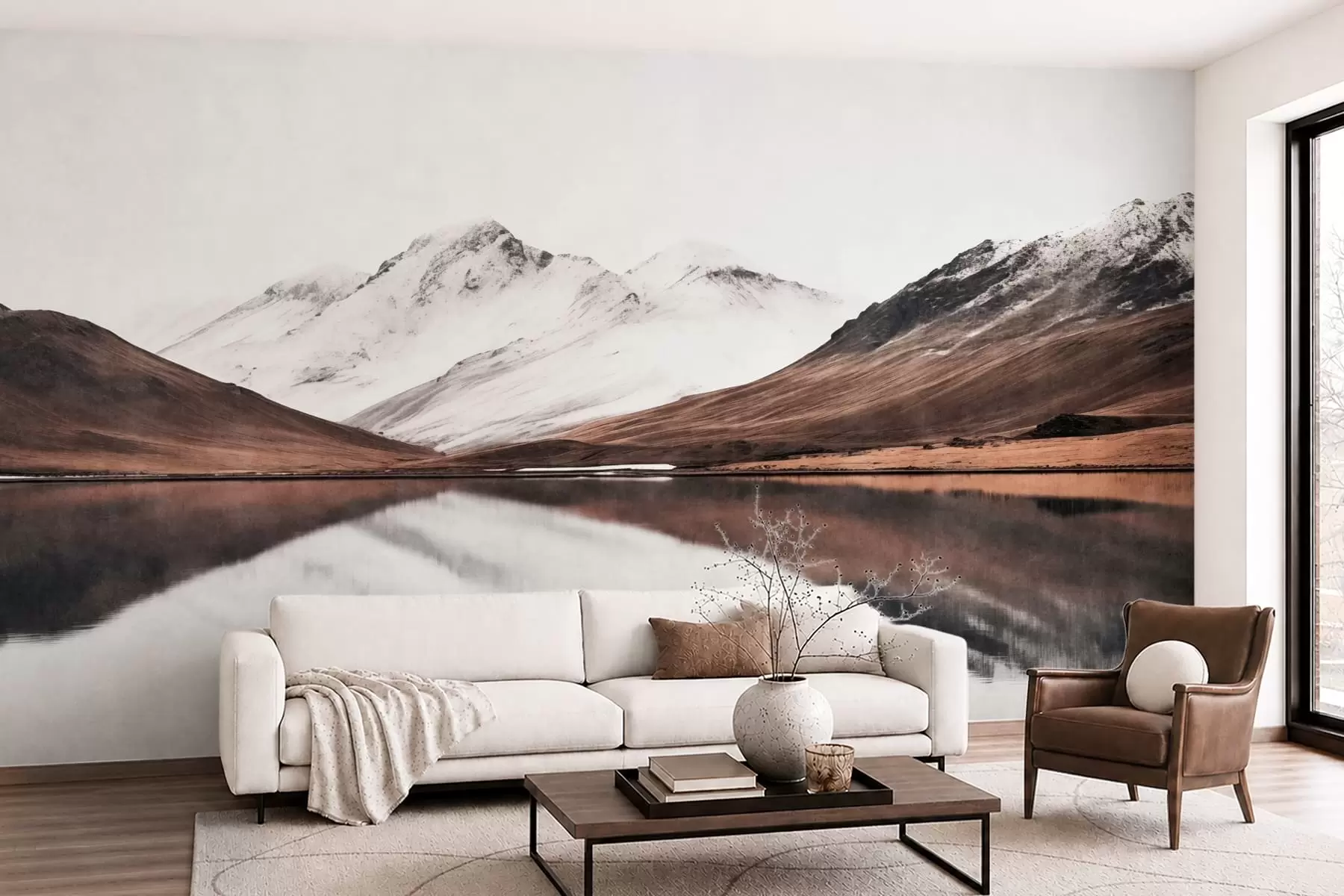 wall murals Снежни планински врхови и мирно језеро са одразом попут огледала w05816