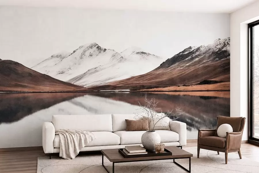 wall murals Снежни планински врхови и мирно језеро са одразом попут огледала w05816