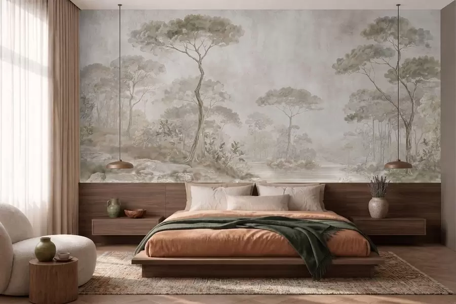 wall murals Магловита шума поред мирне воде у меким природним пастелним тоновима w05817