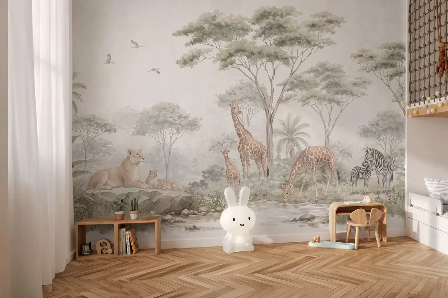 wall murals Сафари са жирафама, лавовима, зебрама и тропским дрвећем w05804