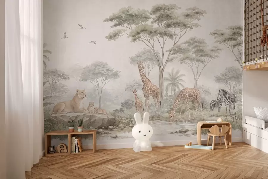 wall murals Сафари са жирафама, лавовима, зебрама и тропским дрвећем w05804