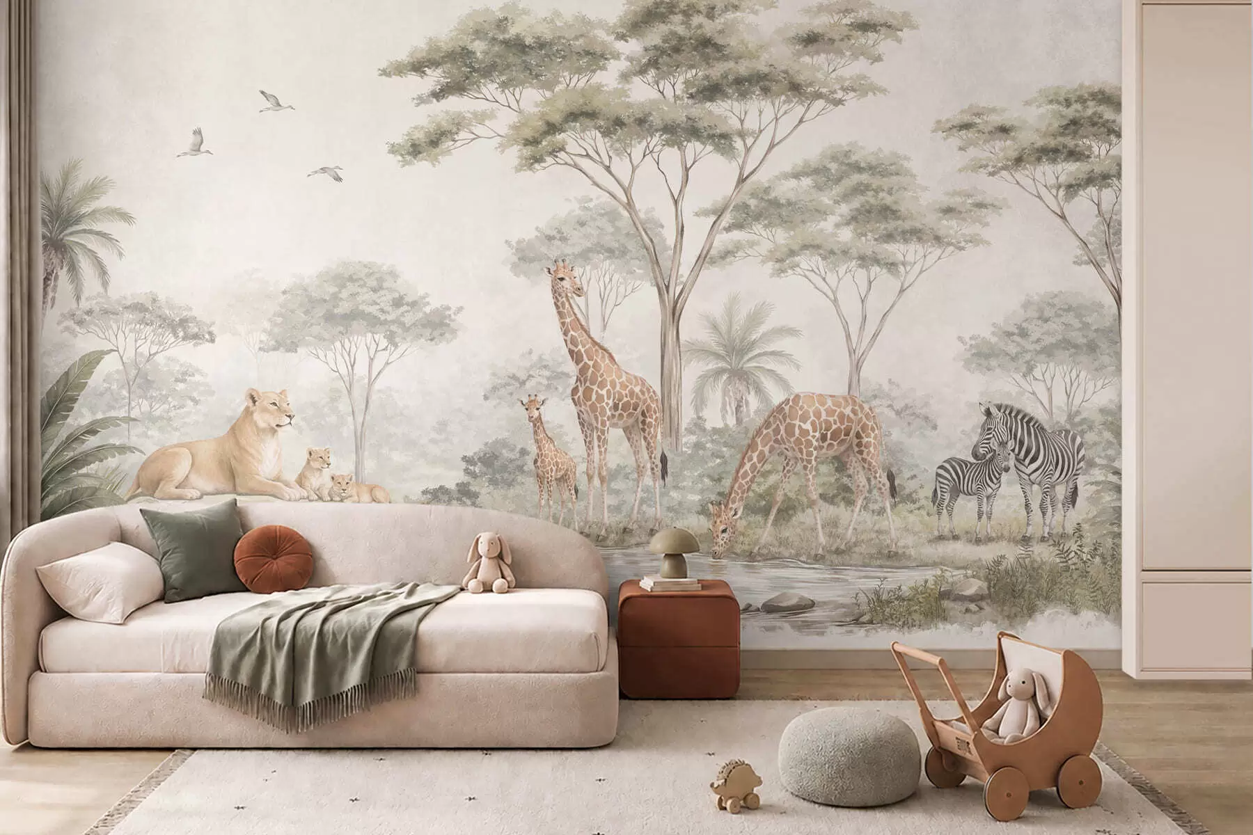 wall murals Сафари са жирафама, лавовима, зебрама и тропским дрвећем w05804
