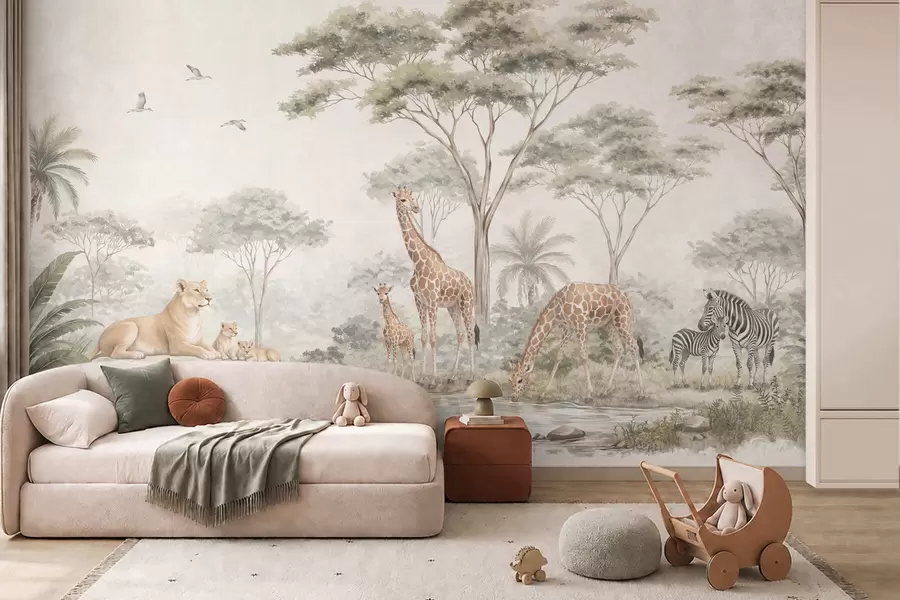 wall murals Сафари са жирафама, лавовима, зебрама и тропским дрвећем w05804