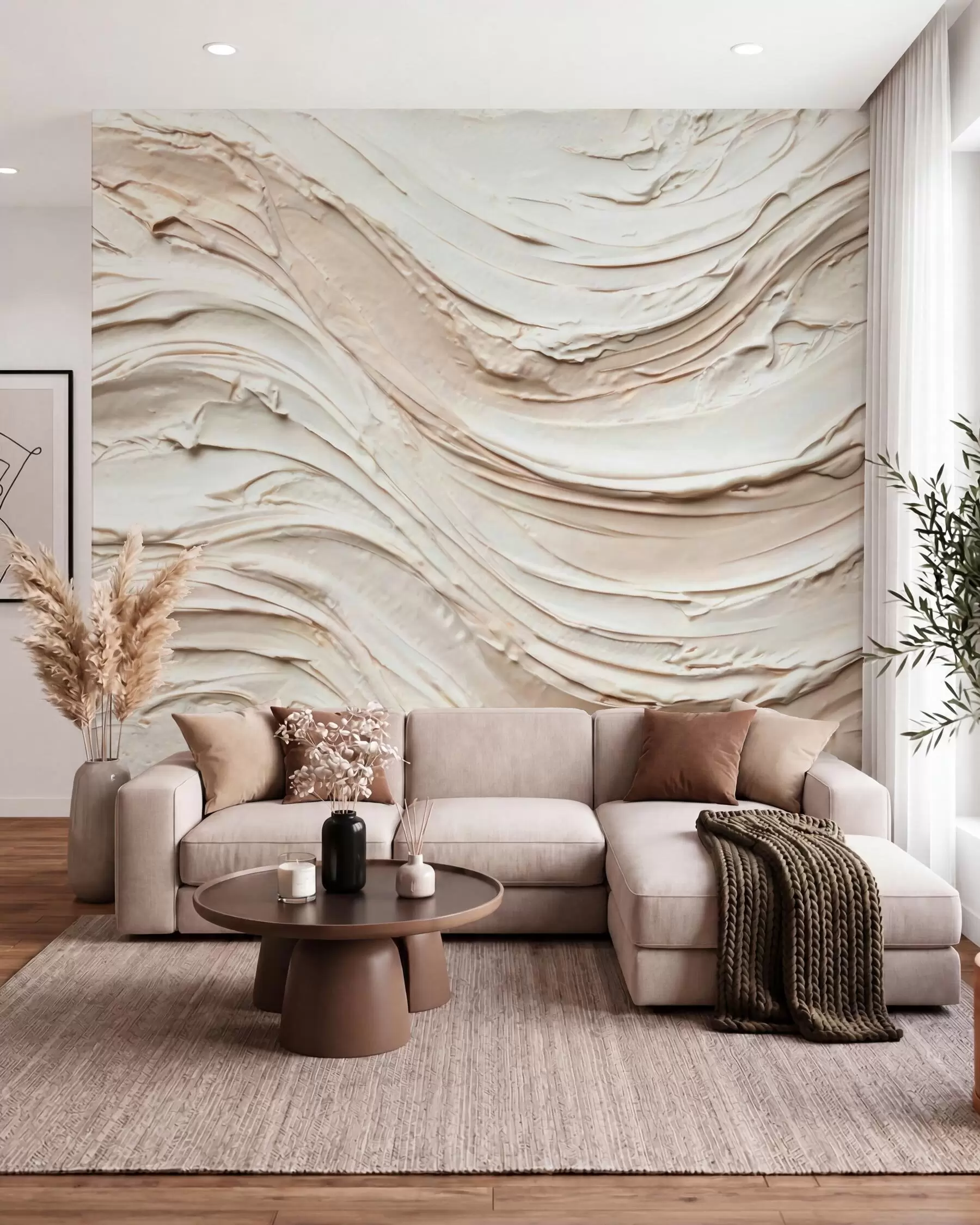 wall murals Топли кремасто-бресквасти таласи који имитирају текстурирани малтер, апстрактни w09990