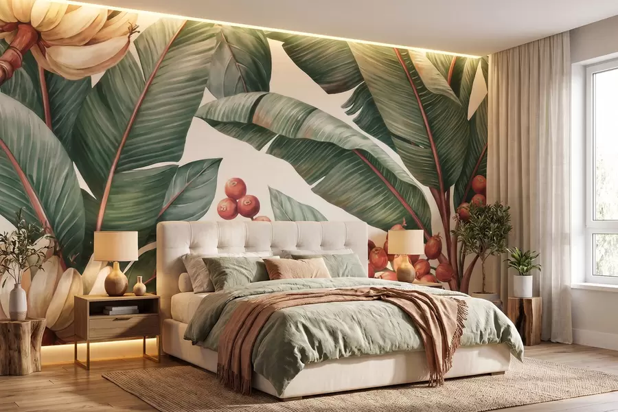 wall murals Тропски листови банане са гроздовима црвених бобица кафе, акварел стил w09997